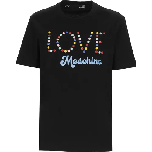 T-Shirts, female, , Size: M Cotton T-Shirt with Multicolor Logo - Love Moschino - Modalova