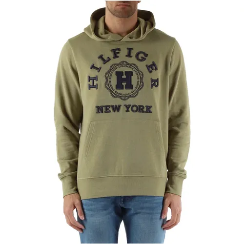 Cotton and linen hoodie with embroidered logo , male, Sizes: 2XL, L, M, XL, S - Tommy Hilfiger - Modalova