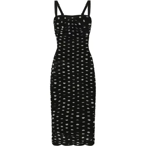 Polka-dot Midi Dress with Tulle Panel , female, Sizes: M - Dolce & Gabbana - Modalova