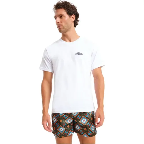 Italienisches Besticktes Strand Weißes Baumwoll-T-Shirt , Herren, Größe: L - Peninsula - Modalova