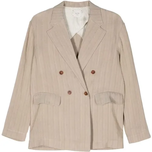 Beige Pinstripe Linen Blend Jacket , female, Sizes: XS, S - Alysi - Modalova