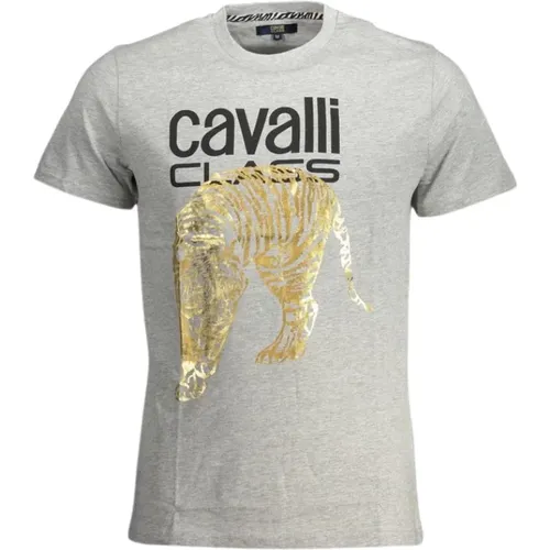 T-Shirts, male, , Size: XL Grey Cotton Printed Logo T-Shirt - Cavalli Class - Modalova