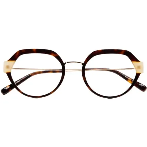 Ovalförmige Brille mit brauner transparenter Acetatfront und braunem Havana-Laminat oder Schildpatt mit beigem Einsatz. Handgefertigte Brillenkollekt - Kaleos - Modalova