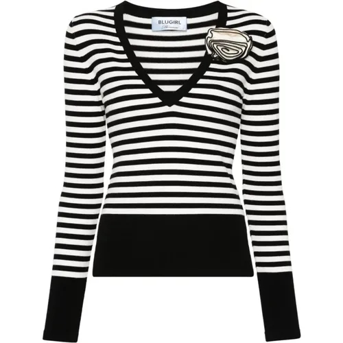 Striped V-Neck Sweater with Floral Appliqué , female, Sizes: L, S, M - Blugirl - Modalova