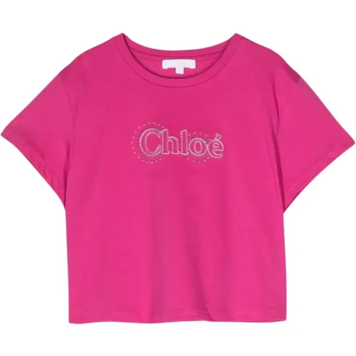 Fuchsia Cropped T-Shirt mit Logo-Stickerei - Chloé - Modalova