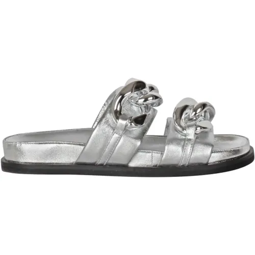 Sliders, female, , Size: 6 US Silver Leather Sandal with Chain Detail - Strategia - Modalova