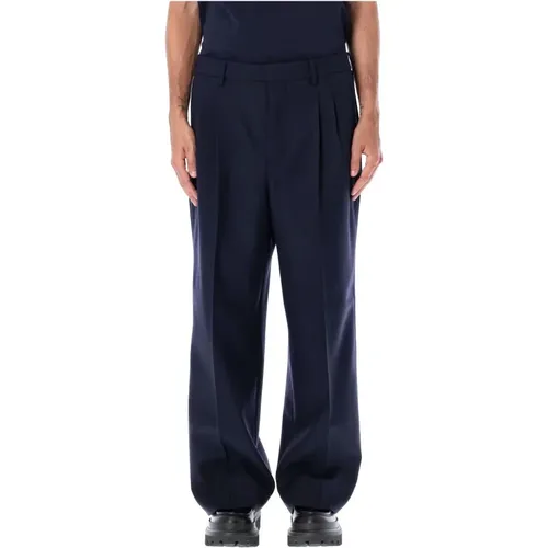 Navy Straight Fit Trousers, 100% Virgin Wool , male, Sizes: W42 - Ami Paris - Modalova