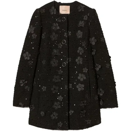 Single-Breasted Coats, female, , Size: S Bouclé Coat with Flowers and Sequins - Twinset - Modalova