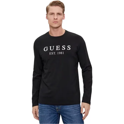 Bedrucktes Logo T-Shirt - Schwarz, Stretch Passform, Lange Ärmel , Herren, Größe: XL - Guess - Modalova