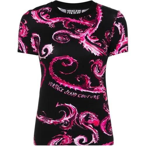 Schwarzes T-Shirt mit Baumwolldetails , Damen, Größe: XS - Versace Jeans Couture - Modalova