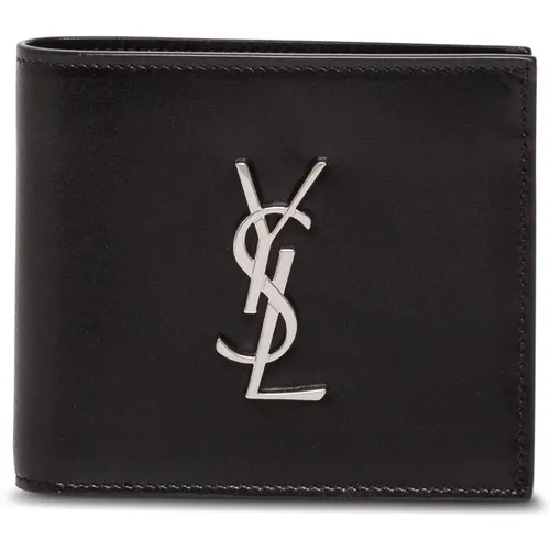 Schwarzes Lederportemonnaie mit metallischem Logo - Saint Laurent - Modalova