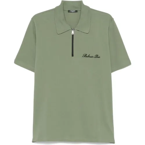 Polo Shirts, male, , Size: XL Khaki Zip Polo Short Sleeve Shirt - Balmain - Modalova