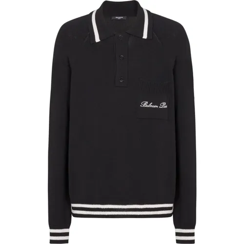 V-neck Knitwear, male, , Size: L Long-sleeved wool polo shirt with Signature embroidery - Balmain - Modalova