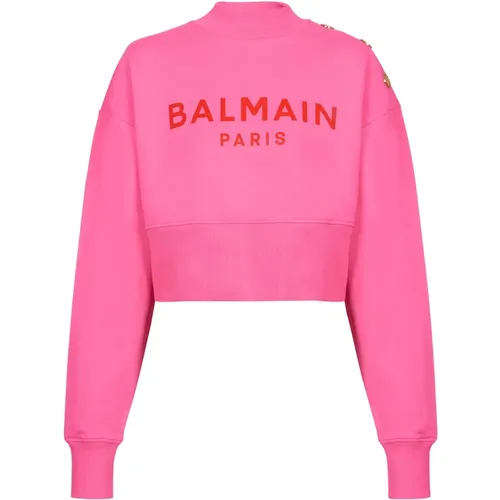 Cropped sweatshirt with Paris print , female, Sizes: M, XS, S - Balmain - Modalova
