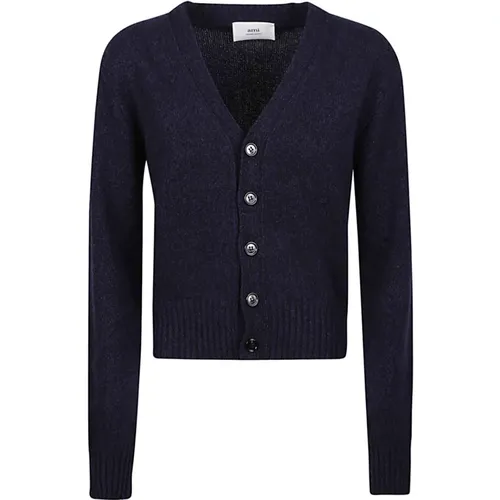 Blaue Cashmere-Strickjacke mit V-Ausschnitt , Damen, Größe: M - Ami Paris - Modalova