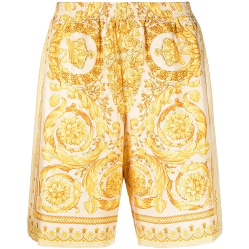 Golden Barocco Print Silk Shorts , male, Sizes: L - Versace - Modalova