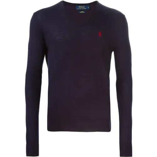 V-neck Knitwear, male, , Size: 2XL Hunter Navy Merino Wool Sweater - Ralph Lauren - Modalova