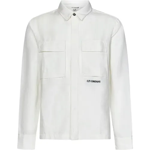 Weißes Leinenhemd mit Logo-Stickerei , Herren, Größe: S - C.P. Company - Modalova