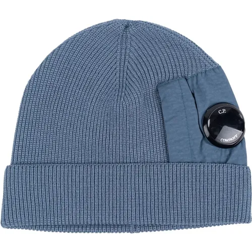 Beanies, male, , Size: ONE SIZE Men's Wool and Cotton Beanie with Lens Detail - C.P. Company - Modalova