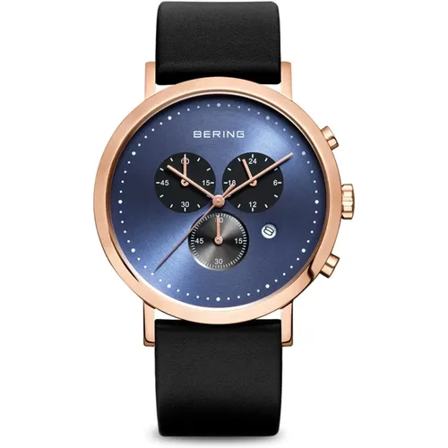 Watches, male, , Size: ONE SIZE Men's Watch Rose Gold Glossy with Leather Strap 10540-567 - Bering - Modalova