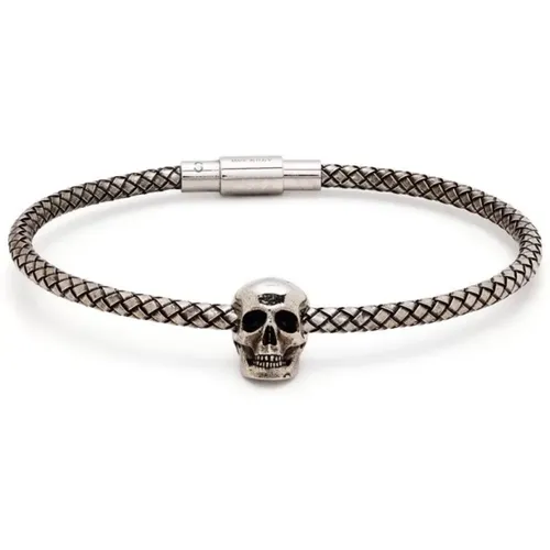 Bracelets, male, , Size: M Silver Skull-Charm Woven Bracelet - alexander mcqueen - Modalova