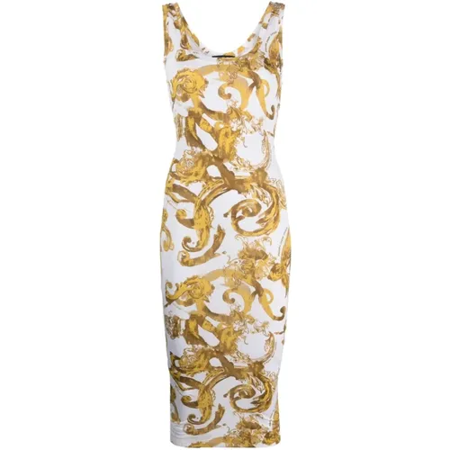 Weiße Organzino Aquarell Barock Kleid , Damen, Größe: 2XS - Versace Jeans Couture - Modalova