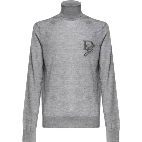 Turtlenecks, male, , Size: L Grey High-necked Wool Sweater with Initials - Dolce & Gabbana - Modalova