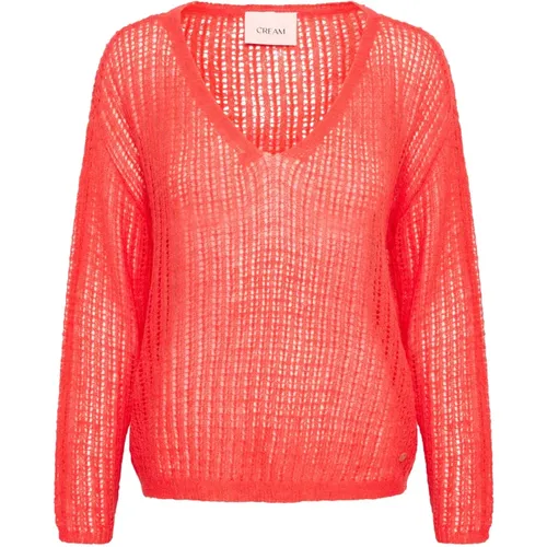 Hot Coral Knit Pullover Sweater , female, Sizes: S, M - Cream - Modalova