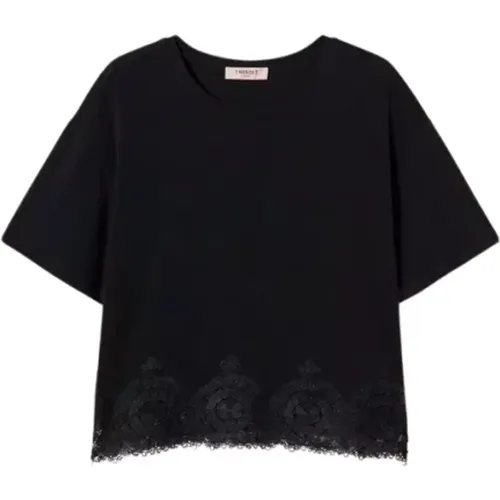 Cropped Lace T-Shirt with Macrame , female, Sizes: XS, S, 2XS - Twinset - Modalova