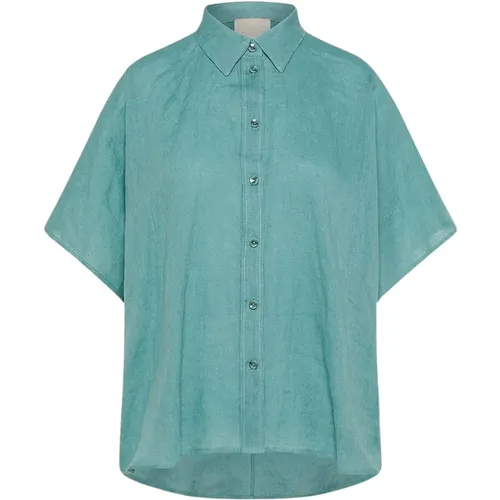 Kimono Collar Linen Shirt Half Sleeve , female, Sizes: XS, 2XS - Momoni - Modalova