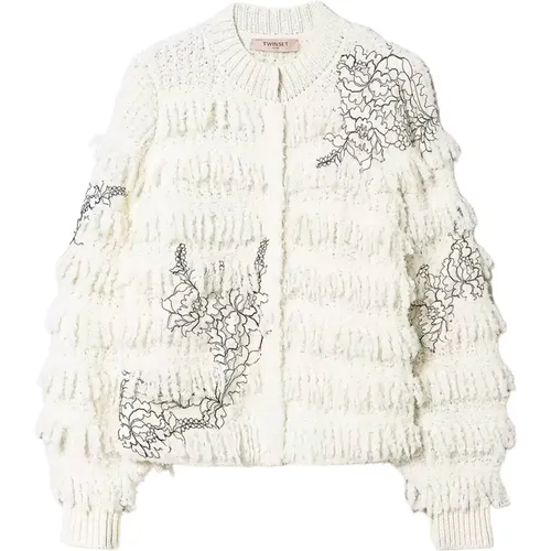 Knitted Jacket with Fringes and Lace Art. 232Tp3130 , female, Sizes: S, M - Twinset - Modalova