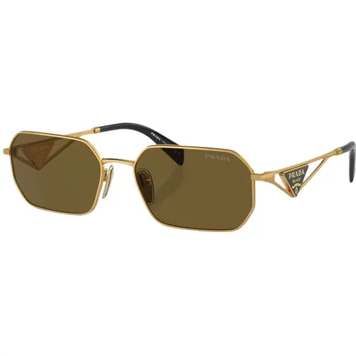 Matte Gold Sunglasses with Dark Brown Lenses , female, Sizes: 58 MM - Prada - Modalova