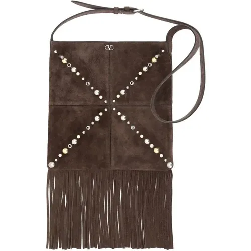 Cross Body Bags, male, , Size: ONE SIZE Studded Fringe Leather Shoulder Bag - Valentino Garavani - Modalova