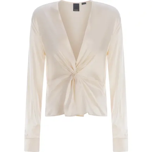 Soft Satin Silk Shirt with V-Neck and Torchon Detail , female, Sizes: S, M - pinko - Modalova