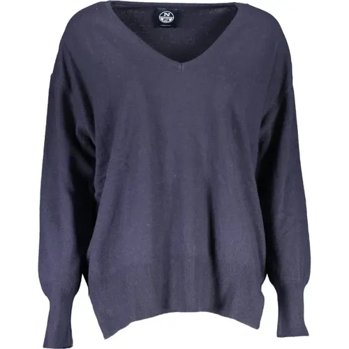 Blaues Wollhemd, Langärmlig, V-Ausschnitt, Logo, Recyceltes Polyamid , Damen, Größe: M - North Sails - Modalova