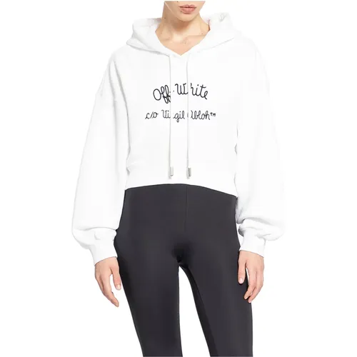 Off , Bestickter Crop Hoodie Weiß , Damen, Größe: M - Off White - Modalova