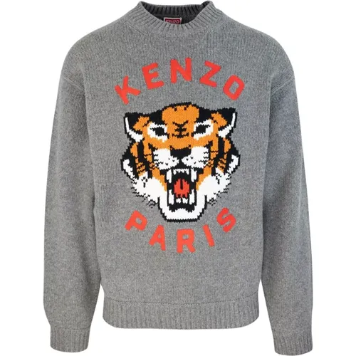 Round-neck Knitwear, male, , Size: M Embroidered Lucky Tiger Sweater - Kenzo - Modalova