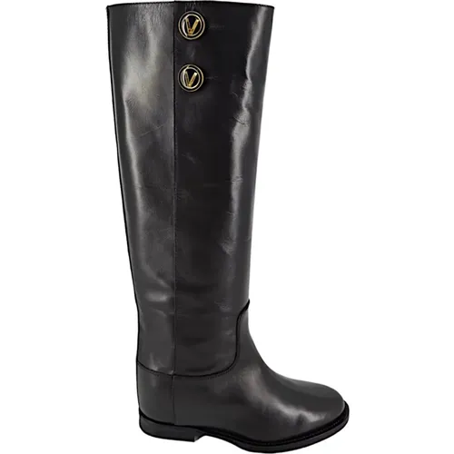 Braune Lederstiefel mit Knopfdetails , Damen, Größe: 40 EU - Via Roma 15 - Modalova