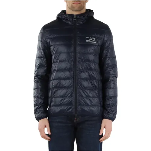 Quilted Hooded Down Jacket with Logo Print , male, Sizes: M - Emporio Armani EA7 - Modalova