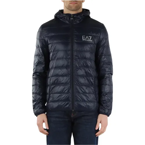 Quilted Hooded Down Jacket with Logo Print , male, Sizes: XL, M, 3XL, 2XL, S, L - Emporio Armani EA7 - Modalova