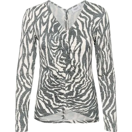 Zebra Graphic Bluse mit Gerüschter Vorderseite , Damen, Größe: M - Saint Tropez - Modalova