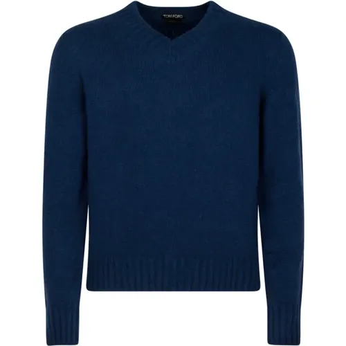 Cashmere Knitwear, male, , Size: S Navy V Neck Cashmere Jumper - Tom Ford - Modalova