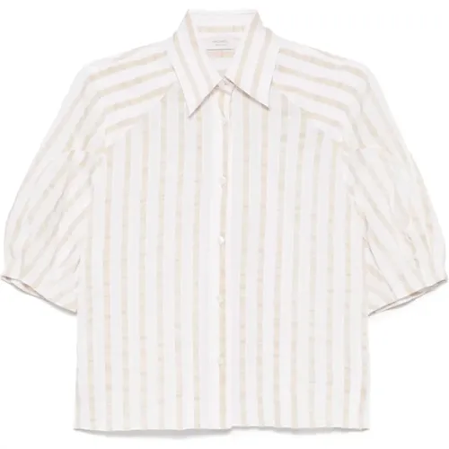 Shirts, female, , Size: L Beige Vertical Stripe Shirt with Box Pleat - Mazzarelli - Modalova