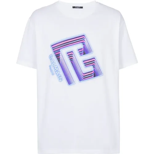 T-Shirt mit Neon Logo-Print , Herren, Größe: L - Balmain - Modalova