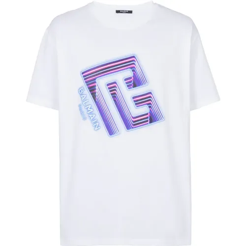 T-Shirt mit Neon Logo-Print , Herren, Größe: M - Balmain - Modalova