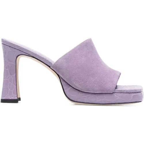 Heeled Mules, female, , Size: 5 US Lilac Suede Crocodile-Embossed Mules - By FAR - Modalova