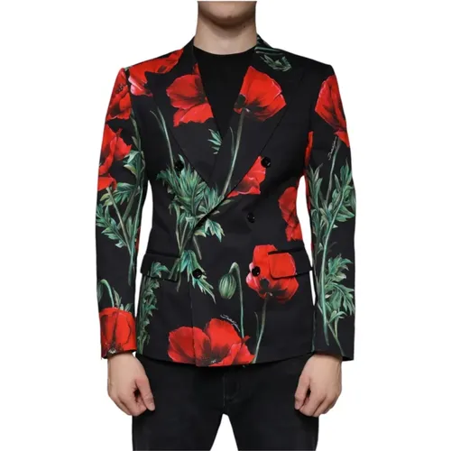 Blazers, male, , Size: M Black Floral Blazer with Slim Fit - Dolce & Gabbana - Modalova