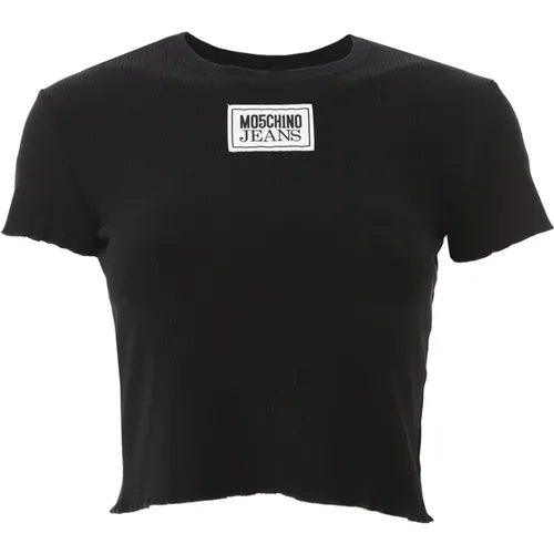 Logo Patch Cropped T-Shirt Schwarz , Damen, Größe: XL - Moschino - Modalova