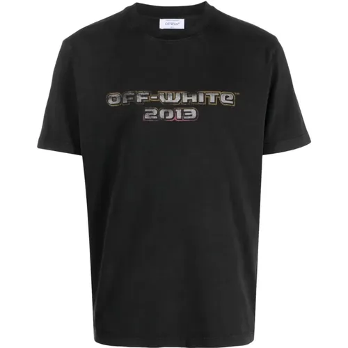 Schwarze T-Shirts und Polos mit gelbem und fuchsiafarbenem Script-Logo , Herren, Größe: M - Off White - Modalova