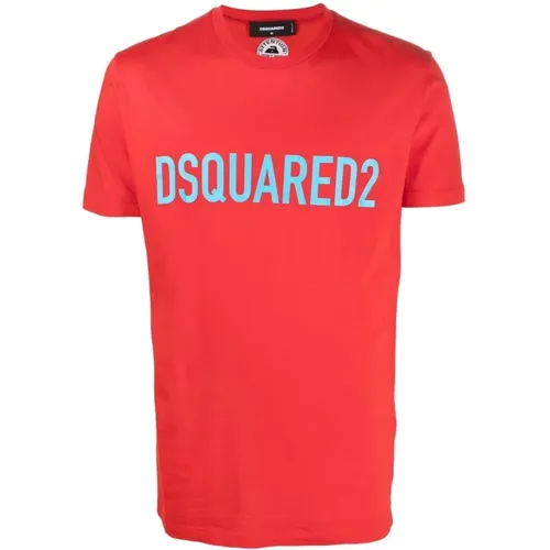 Logo-Print Crew-Neck T-Shirt in Rot und Teal Blau , Herren, Größe: XL - Dsquared2 - Modalova